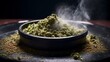 Cannabis flowers and powder in a bowl create an aromatherapy smoke for medical treatment by medical professionals.
