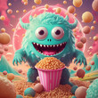 Funny cartoon monster with big eyes eating a bowl of cereal in fantasy pink background