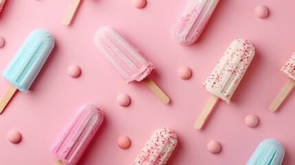 Wall Mural - Various tasty sweet Ice cream sticks isolated on pastel colors background. Generated AI image