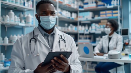 Wall Mural - Portrait, scientific, black man with mask, tablet, and vaccination, cure, or healthcare lab. Doctor, face cover, or Nigerian man in lab, viral diagnosis, innovation, or research