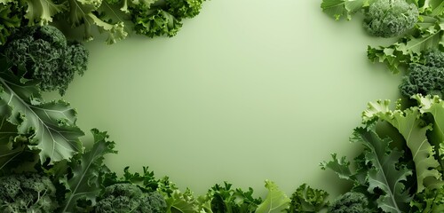 Wall Mural - Creative layout made of kale, salad leaves, spinach, and ruccola on one corner of a green background with copy space for text