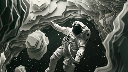 Wall Mural - a paper cutout of an astronaut floating in space. the astronaut is wearing a white suit and is surro