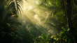 Enchanted tropical rainforest with sunbeams filtering through lush greenery. Generative AI