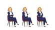 Elegant beautiful business woman in suit sitting in the chair half turn view different gestures set isolated vector illustration
