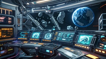 Sticker - a spaceship cockpit with a view of a planet and a large rock. the rock is in the middle of the scree