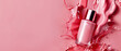 © Odin - Banner or header with pink nail polish bottle with splash on rose background.