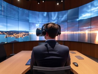 A man wearing a suit and a pair of virtual reality goggles is sitting at a desk in front of a large screen