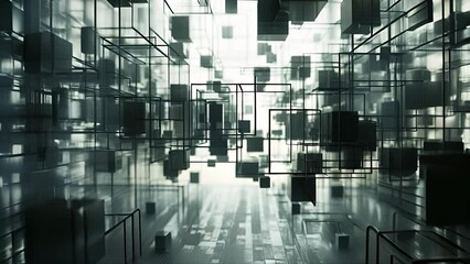 Wall Mural - A black and white image of a room with many boxes and squares. The room appears to be empty and the boxes are arranged in a way that creates a sense of depth and dimension. Scene is somewhat eerie