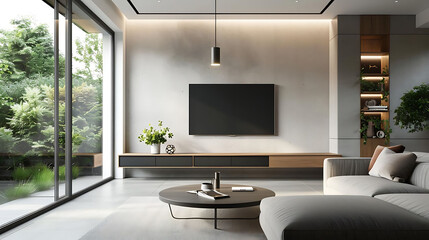 Wall Mural - minimalist family room with floating media console featuring a black television, white walls and ce