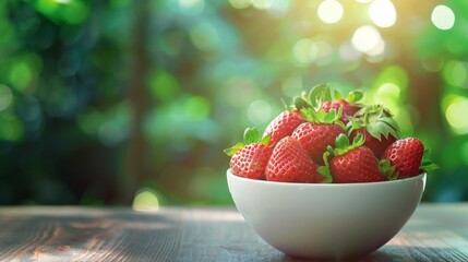 Sticker - Bowl of strawberries on table with green backdrop