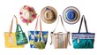 A set of beach bags in various designs, neatly arranged against a clean white background.