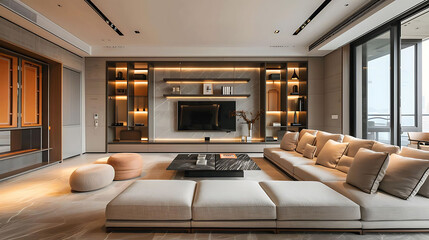 Wall Mural - minimalist family room with natural stone flooring featuring a white couch adorned with tan and bro
