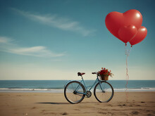 Bicycle Vintage With Heart Balloon On Beach Blue Sky Concept Of Love In Summer And Wedding
