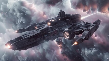 Wall Mural - a large space ship is flying through a cloudy sky. the ship is surrounded by a lot of space debris, 