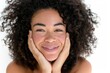 © LukaszDesign - Black woman with mockup, space, and white background, happy portrait and hand on face in studio. Product placement or copy space shows face, smile, and lady relaxed, happy, or satisfied.