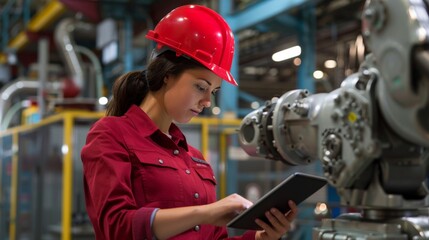 Canvas Print - A female engineer in a red hard hat programming an industrial robot arm via a tablet