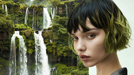 Wall Mural - Creative portrait of a young woman near waterfall