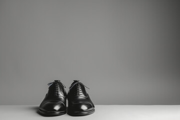 A pair of stylish leather shoes placed neatly against a simple, monochrome backdrop, portraying classic fashion and elegance