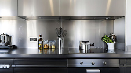 Canvas Print - minimalist kitchen with stainless steel backsplash, silver faucet, and stainless steel sink, featur