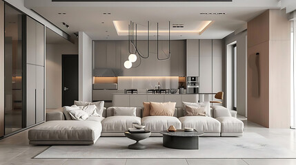 Wall Mural - minimalist living room with l - shaped sofa, coffee table, and hanging lights the room features a b