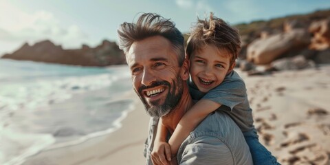 Wall Mural - Beach, airplane, and photograph of father and girl playing, bonding, and vacationing. Flight, smiling, kid with parent at sea, piggyback, and joy in Miami