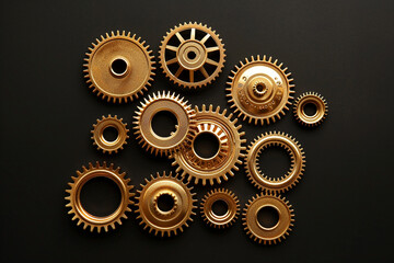 The gold gears isolated in black background. Concept of precision and engineering.