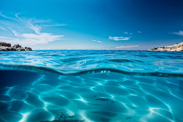 Split image with underwater view of clear blue sea water and blue sky and rocks. Panoramic. Can be used as background.