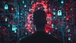 Man silhouetted against a backdrop of digital locks and circuits, symbolizing cybersecurity. Created with Generative AI