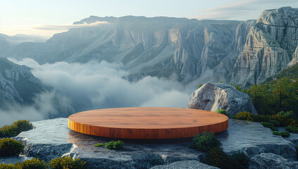 Wall Mural - A round wooden podium was placed on the edge of an alpine mountain, overlooking the valley below with misty clouds. Created with Ai