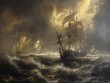 A painting of a stormy sea with a large ship in the middle