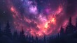 the celestial ballet unfolding above, as gradient cosmic violet and pink hues adorn the starry sky, casting a mesmerizing glow over the silhouette of forest trees below