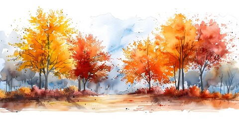 Poster - Watercolor Painting Techniques Showcasing Seasonal Scenery with Vibrant Fall Foliage and Peaceful Atmosphere