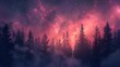 the celestial ballet unfolding above, as gradient cosmic violet and pink hues adorn the starry sky, casting a mesmerizing glow over the silhouette of forest trees below