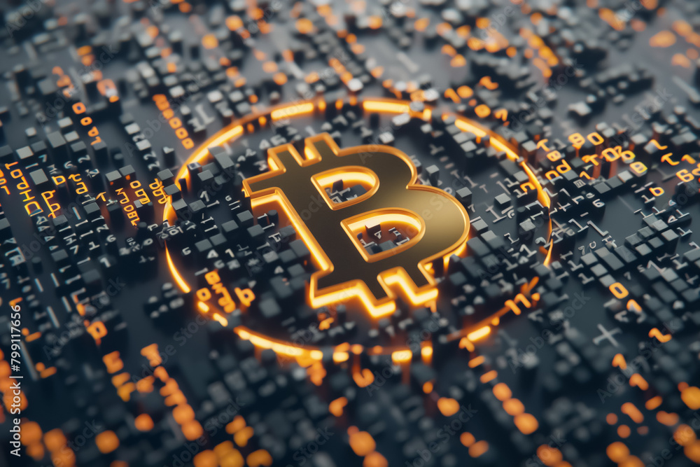 Bitcoin Matrix Style Bitcoin iconography etched into a matrix of binary code, representing ...