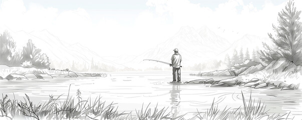 Wall Mural - A man is fishing in a lake