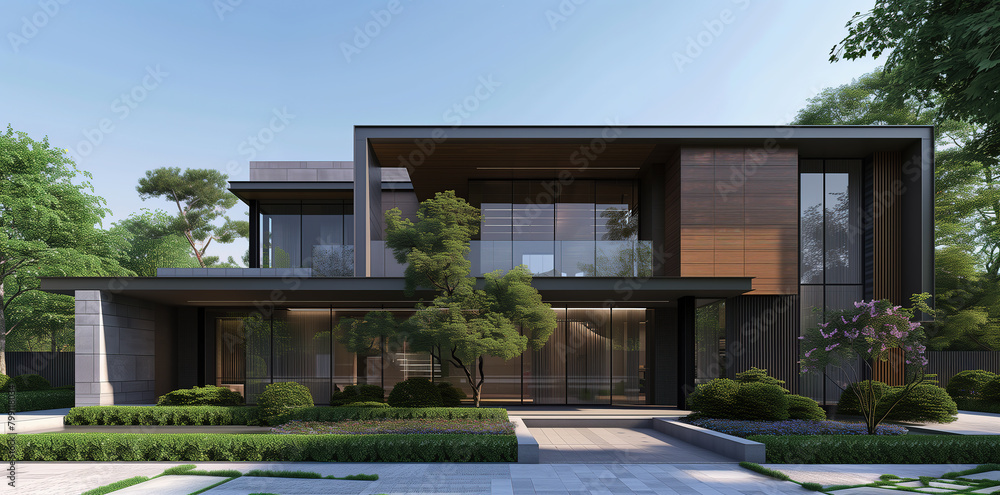 modern house with a front garden, showing a landscape design and ...