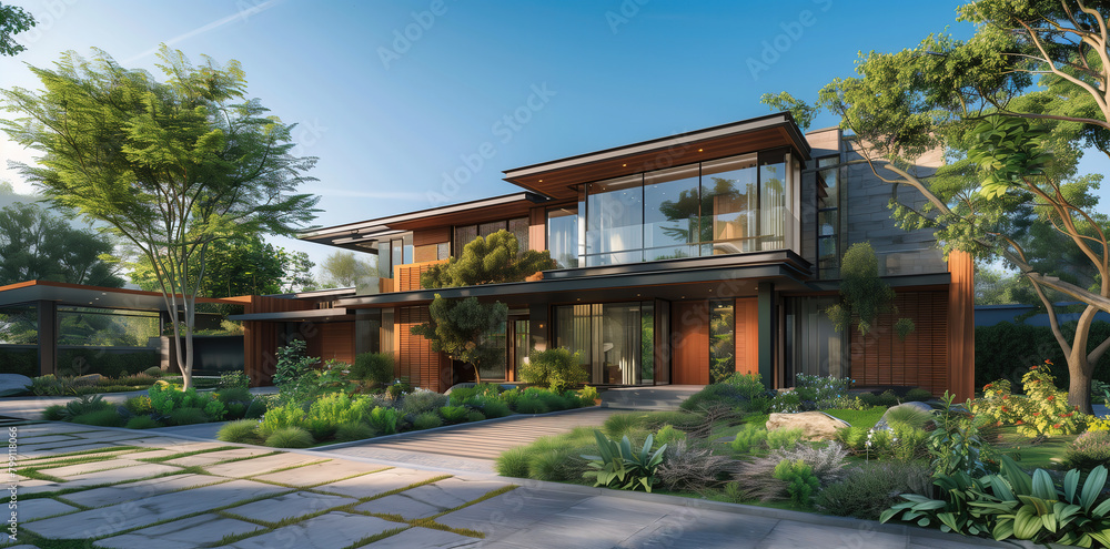 modern house with a front garden, showing a landscape design and ...