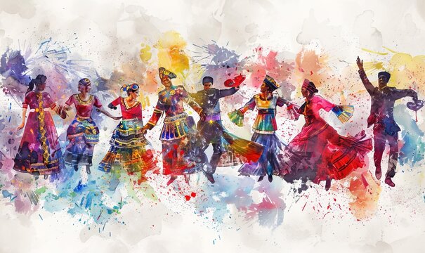 Vibrant watercolor painting of a dance at a national holiday