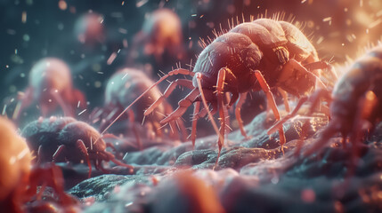 Dust mites visualized at a microscopic level their environment rendered in hyper-realistic detail under majestic cinematic light emphasizing the allergen challenge close-up detail