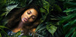 Young woman model lying in green jungle leaves, eyes closed, view from above. Generative AI