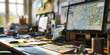 © Lila Patel - Close-up of a GIS analyst's desk with geographic information system maps and data, showcasing a job in GIS analysis
