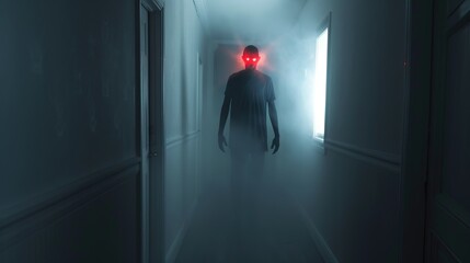 Sticker - Shadow person with glowing red eyes walking down hallway, supernatural evil apparition