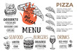 Pizza food Menu, Restaurant, Cafe, template design. Hand drawn illustrations, Food flyer.