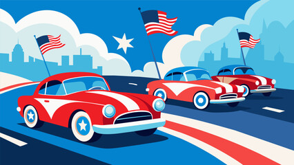 Wall Mural - The charming red white and blue adorned vintage cars evoke a sense of pride and patriotism as they cruise along the streets to commemorate. Vector illustration