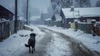 A snowy street featuring a standing dog