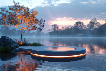 Wall Mural - A round concrete platform with LED lights on the edge, situated in front of an expansive lake at dawn. Created with Ai