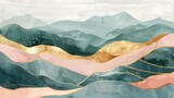 Fototapeta Kosmos - Mountain background, vector illustration. Minimal landscape art with watercolor brush.