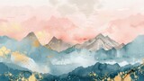 Fototapeta Kosmos - Mountain background, boho palette, vector illustration. Minimal landscape art with watercolor brush.