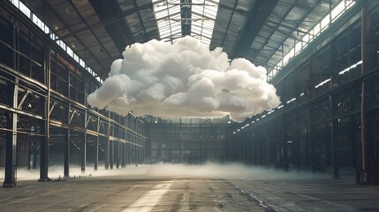 Wall Mural - Surreal scene of real cloud inside a spacious industrial warehouse, weather indoors