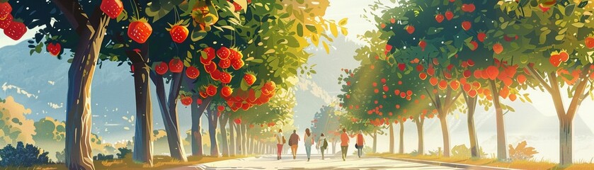 2d illustration of an openair business conference on a road lined with strawberry trees, networking 